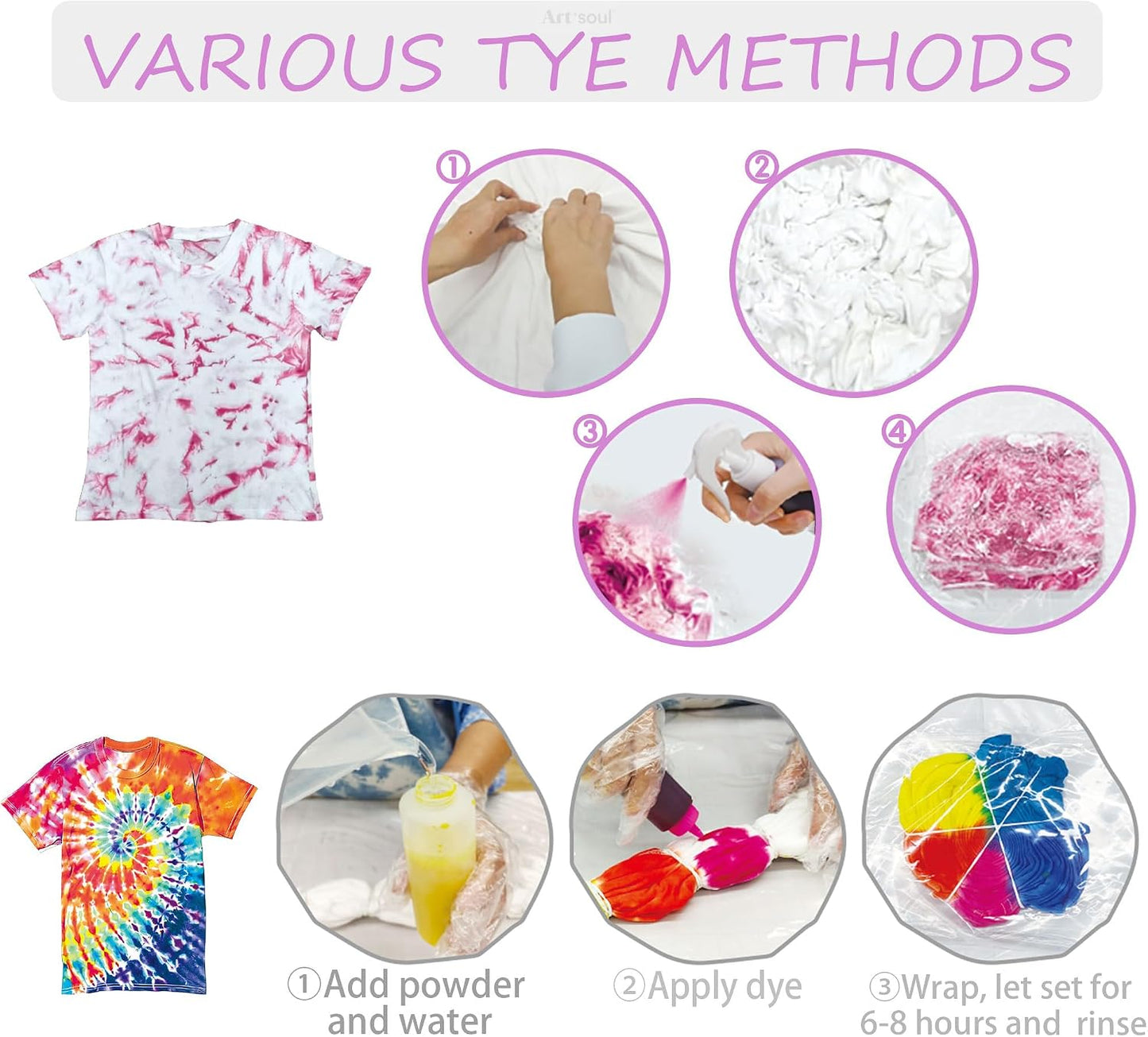 Art+soul 18 Colors Tie Dye Kit with Bonus Tie Dye Powder Refiils Packs,DIY Fabric Dyeing Kit Includes Rubber Bands, Gloves, Guide Book Perfect for Arts & Crafts, Family Party, Birthday Gifts