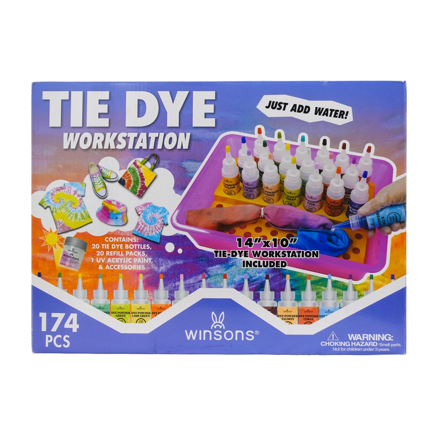 WINSONS Tie Dye Workstation 174pcs Set, 20 Bottles & Refills, 1 UV Acrylic Paint, DIY Fabric Art Kit