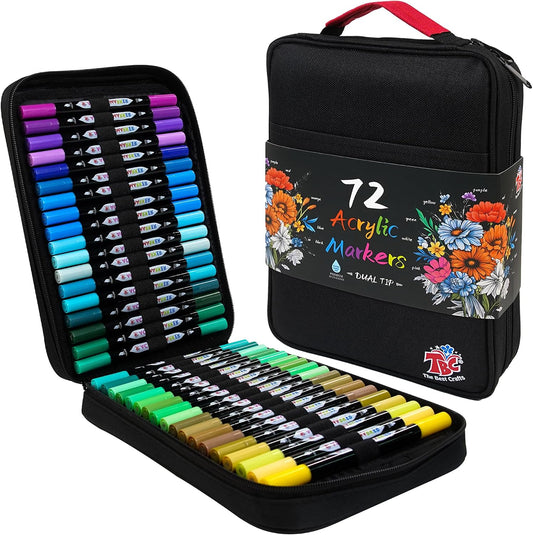 TBC The Best Crafts Acrylic Paint Markers,48,72,108 Colors Dual Tip, Double Zipper Canvas Bag – Waterproof, Non-Toxic, Art Supplies for Canvas, Wood, Glass, Rock, Ceramic – Gift for Artists & Hobbyists