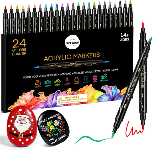 Art+soul Acrylic Paint Markers - 24, 72, 48 Colors Dual Tip Fine & Brush Paint Pens
