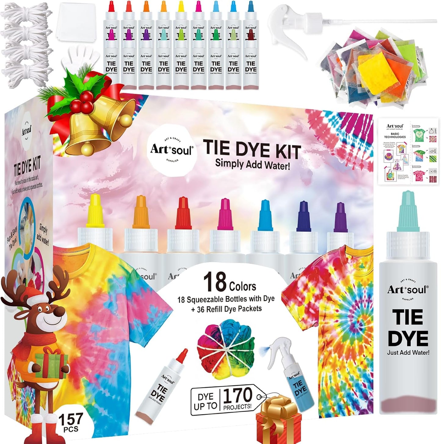 Art+soul 18 Colors Tie Dye Kit with Bonus Tie Dye Powder Refiils Packs,DIY Fabric Dyeing Kit Includes Rubber Bands, Gloves, Guide Book Perfect for Arts & Crafts, Family Party, Birthday Gifts