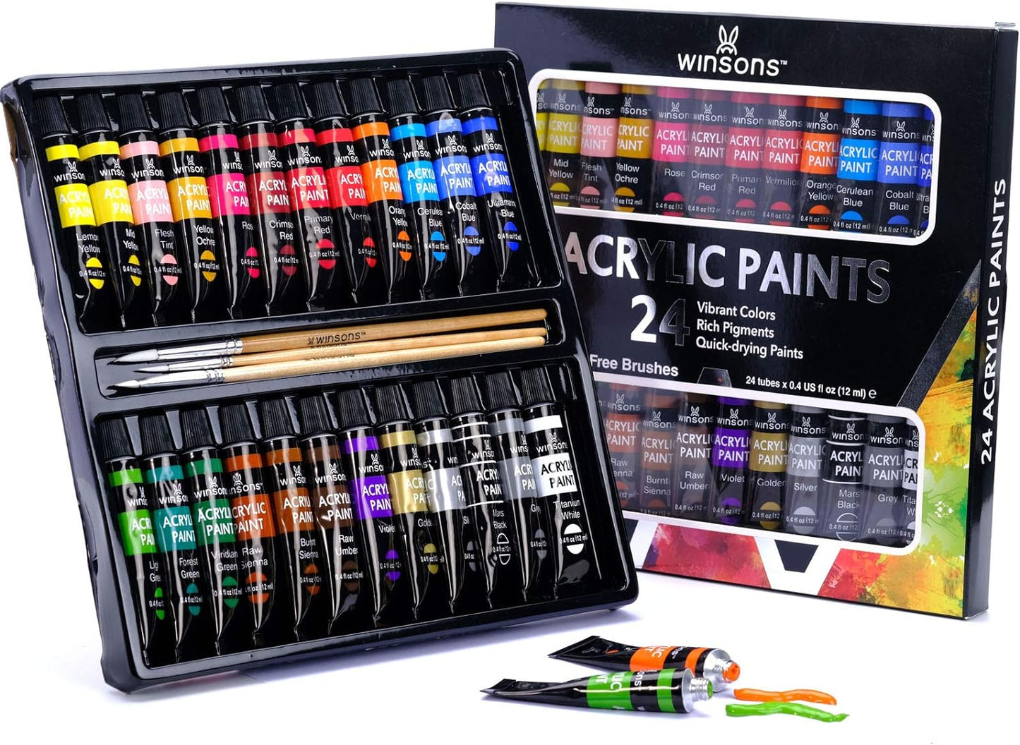 WINSONS Premium Acrylic Paint Set with 3 Bonus Brushes (12 mL/ 0.4 oz Tubes)
