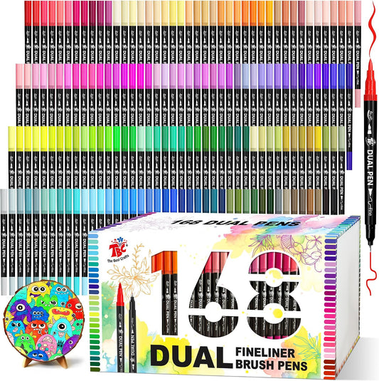 TBC Brush Pens for Adult Coloring Books, 48, 168 Colors Dual Tip Art Markers – Fine Tip for Outlining + Brush Tip for Coloring, Water-Based Non-Bleeding Markers for Journaling, Calligraphy, Hand Lettering
