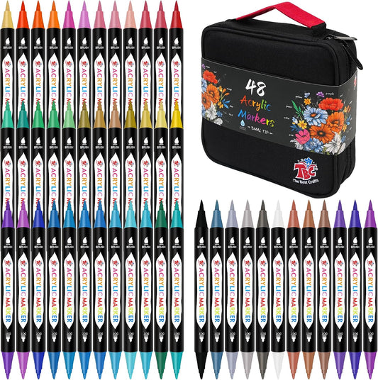 TBC The Best Crafts Acrylic Paint Markers,48,72,108 Colors Dual Tip, Double Zipper Canvas Bag – Waterproof, Non-Toxic, Art Supplies for Canvas, Wood, Glass, Rock, Ceramic – Gift for Artists & Hobbyists