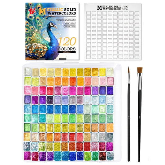 TBC 24,48, 60, 72, 120 Colors Metallic Solid Watercolor Set, 2 Brushes & Palette Included, Art Supplies for Painting/Travel/School, Adult Beginners & Professionals
