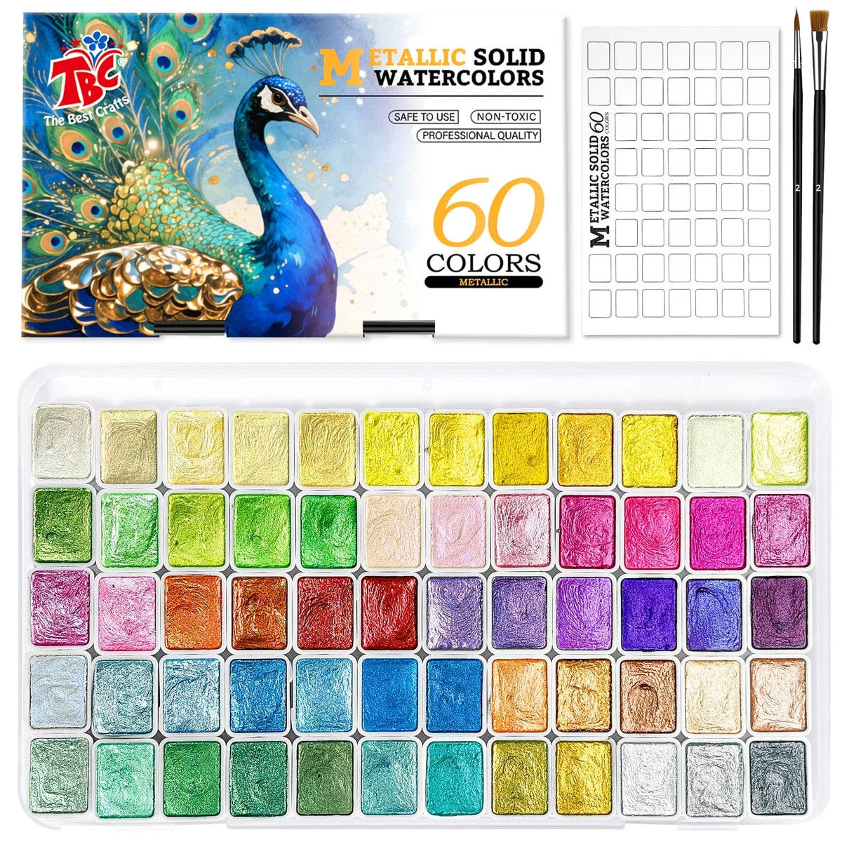 TBC 24,48, 60, 72, 120 Colors Metallic Solid Watercolor Set, 2 Brushes & Palette Included, Art Supplies for Painting/Travel/School, Adult Beginners & Professionals