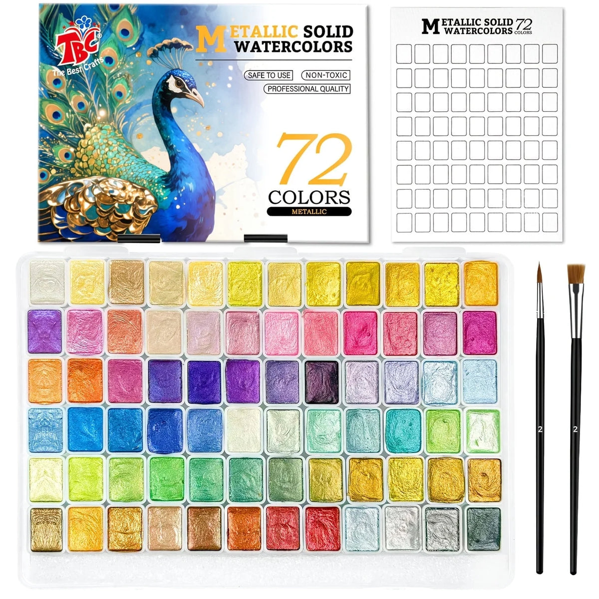 TBC 24,48, 60, 72, 120 Colors Metallic Solid Watercolor Set, 2 Brushes & Palette Included, Art Supplies for Painting/Travel/School, Adult Beginners & Professionals