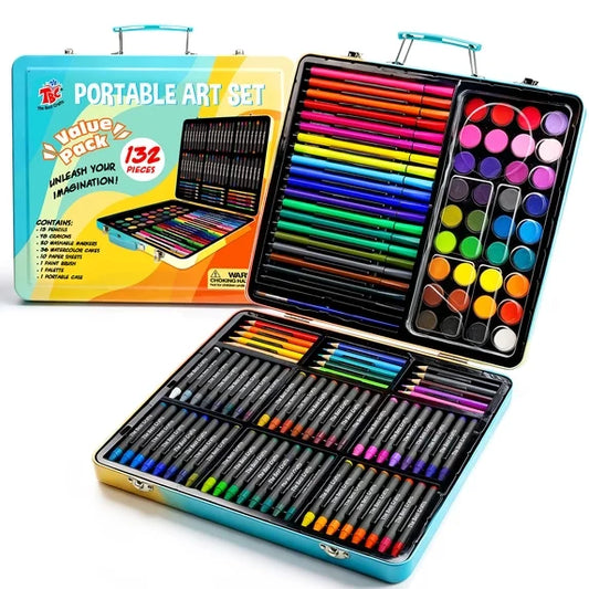 TBC The Best Crafts 132-Piece Kids Portable Art Set, Washable Markers Crayons Colored Pencils Watercolor Paint Kit with Metal Storage Case, Birthday Holiday Gift for Kids Ages 5+