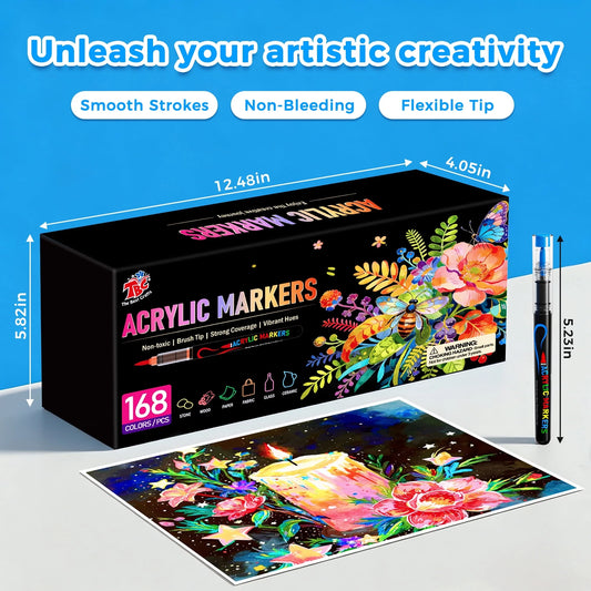 TBC The Best Crafts 168 Colors Acrylic Paint Markers, Dual Tip Flexible Brush Acrylic Marker Pens, Quick Dry Waterproof Paint Pens for Stone, Wood, Glass, Plastic, Canvas DIY Craft Painting