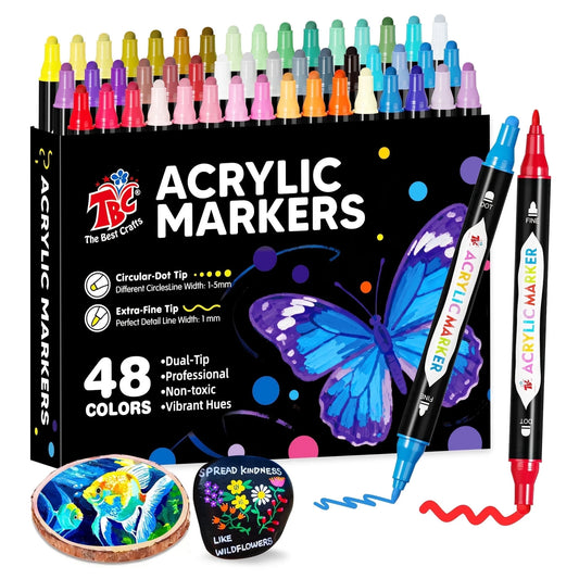 TBC The Best Crafts 24, 48, 72 Colors Dual Tip Acrylic Paint Markers, Fine Tip & Brush Tip, Non-Toxic Vibrant Ink for Paper, Stone, Wood, Fabric and Glass