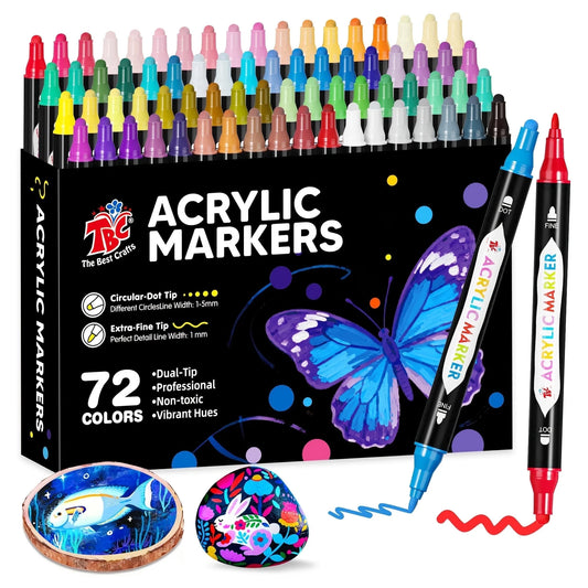 TBC The Best Crafts 24, 48, 72 Colors Dual Tip Acrylic Paint Markers, Fine Tip & Brush Tip, Non-Toxic Vibrant Ink for Paper, Stone, Wood, Fabric and Glass