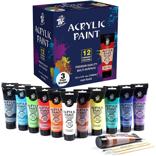 Premium Acrylic Paint Set in Plastic Tubes with 3 Brushes