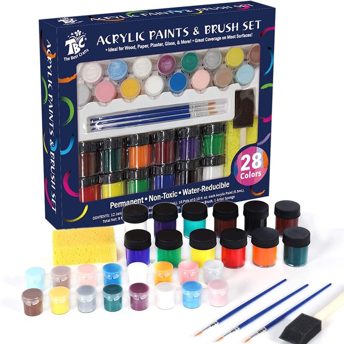 28 Colors Acrylic Paints and Brush Set for Kids and Beginner