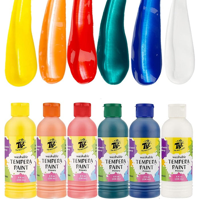 TBC The Best Crafts Washable Tempera Paint Set for Kids, 6 Vibrant Colors Large Volume (8 fl oz./236ml ), Non-Toxic Craft Painting Supplies for DIY