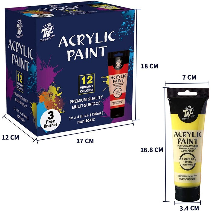 ACRYLIC PAINT 12 TUBES COLOR SET PREMIUM PROFESSIONAL QUALITY PIGMENT 3  BRUSHES,  in 2023
