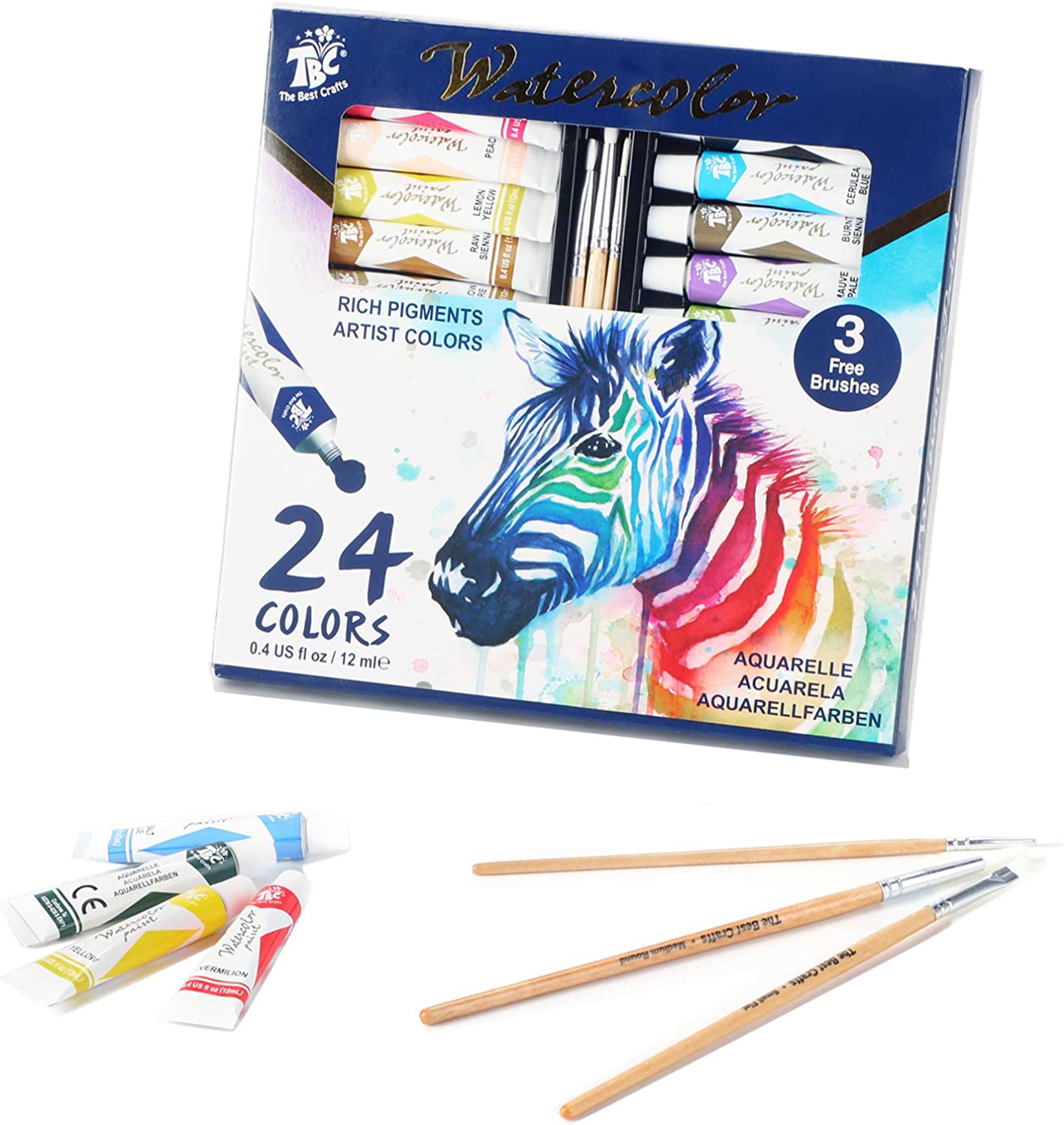 Watercolor Paint Set in Aluminum Tubes with 3 Bonus Brushes