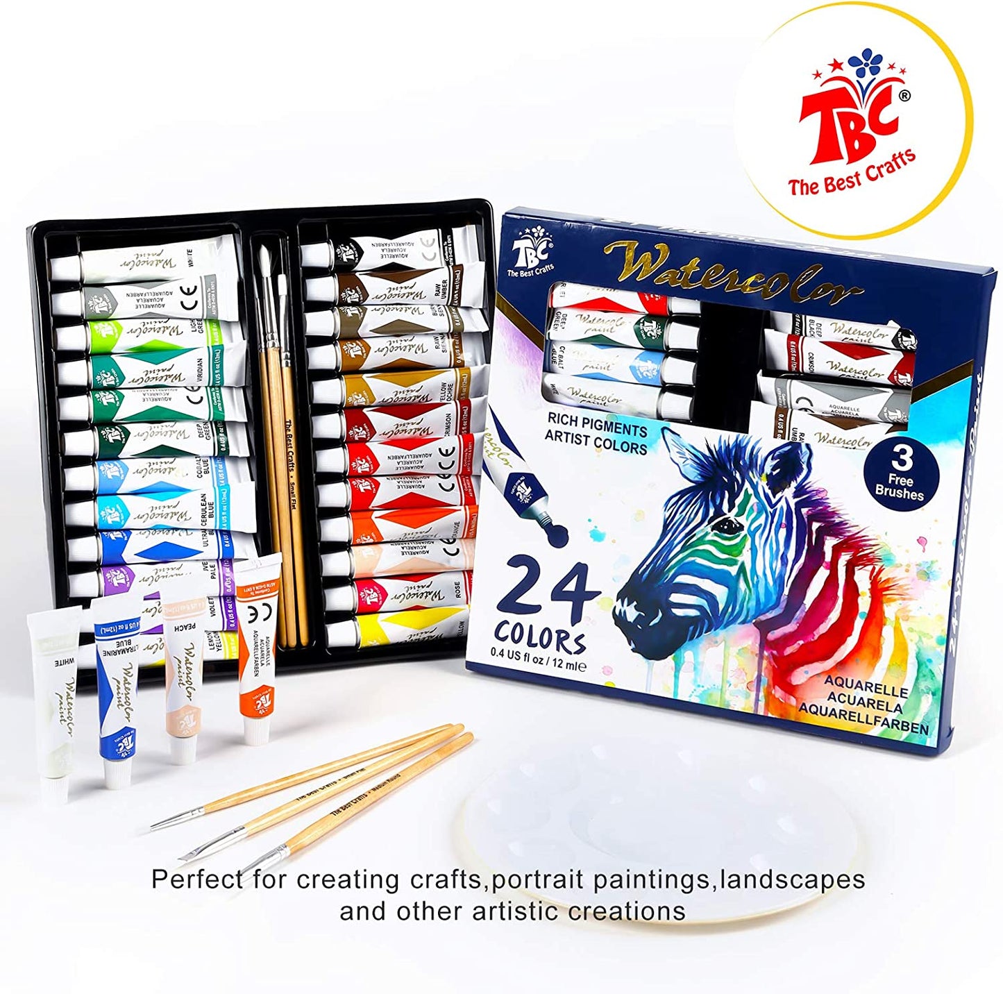 Watercolor Paint Set in Aluminum Tubes with 3 Bonus Brushes